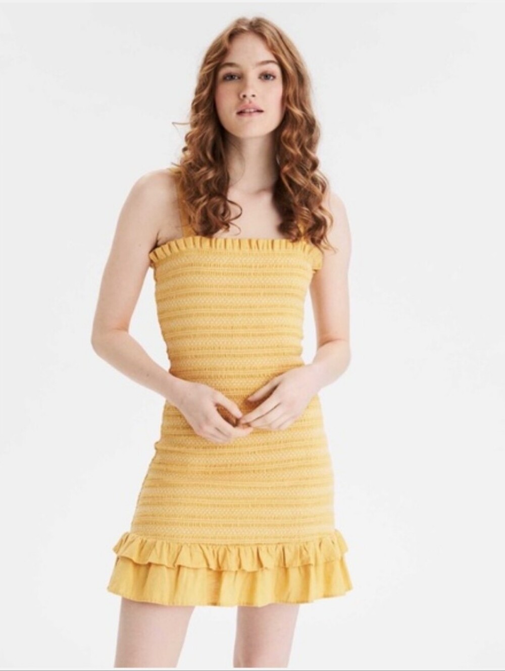 NWT American Eagle Smocked Bodycon Mini Dress Yellow Size Small
